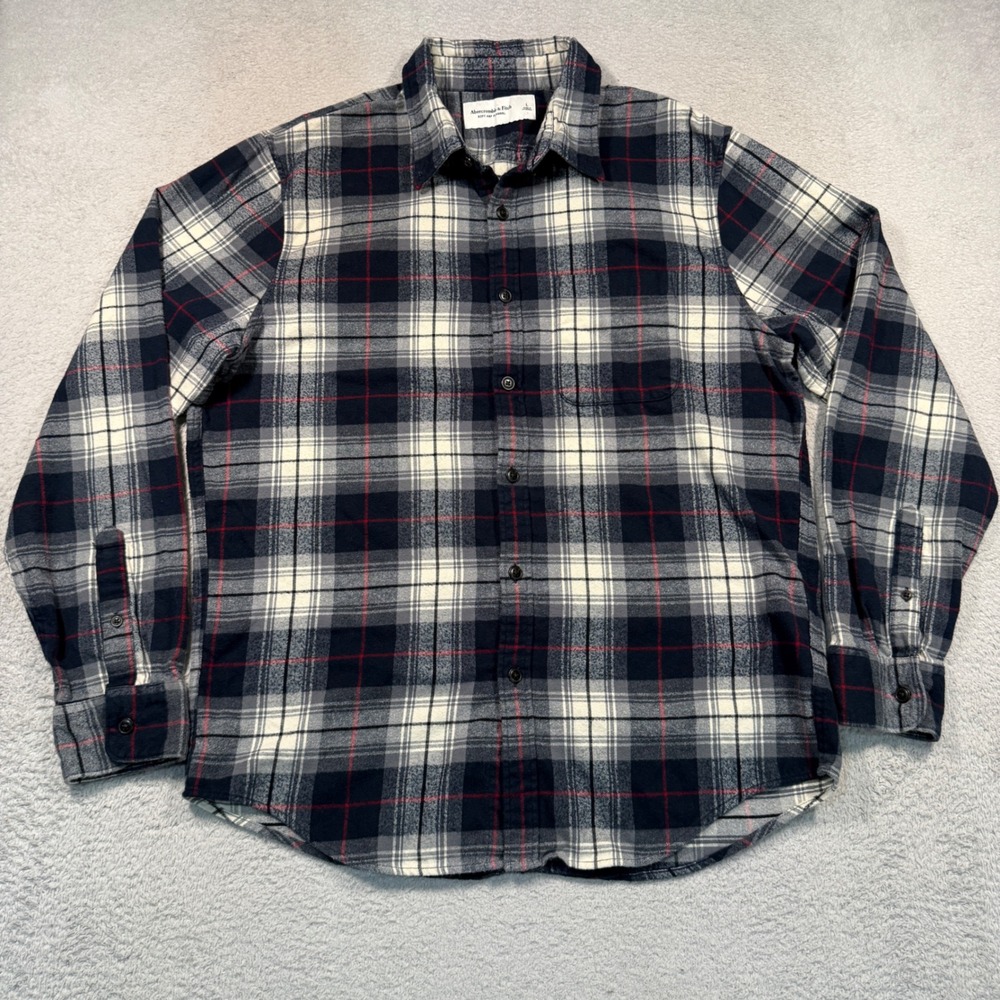 Abercrombie & Fitch Soft A+F Flannel Shirt Mens L Navy Blue White Red Plaid
